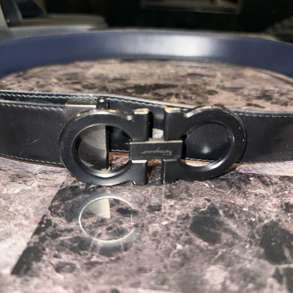 Salvatore Ferragamo Black / Blue Leather Gancio Buckle Belt